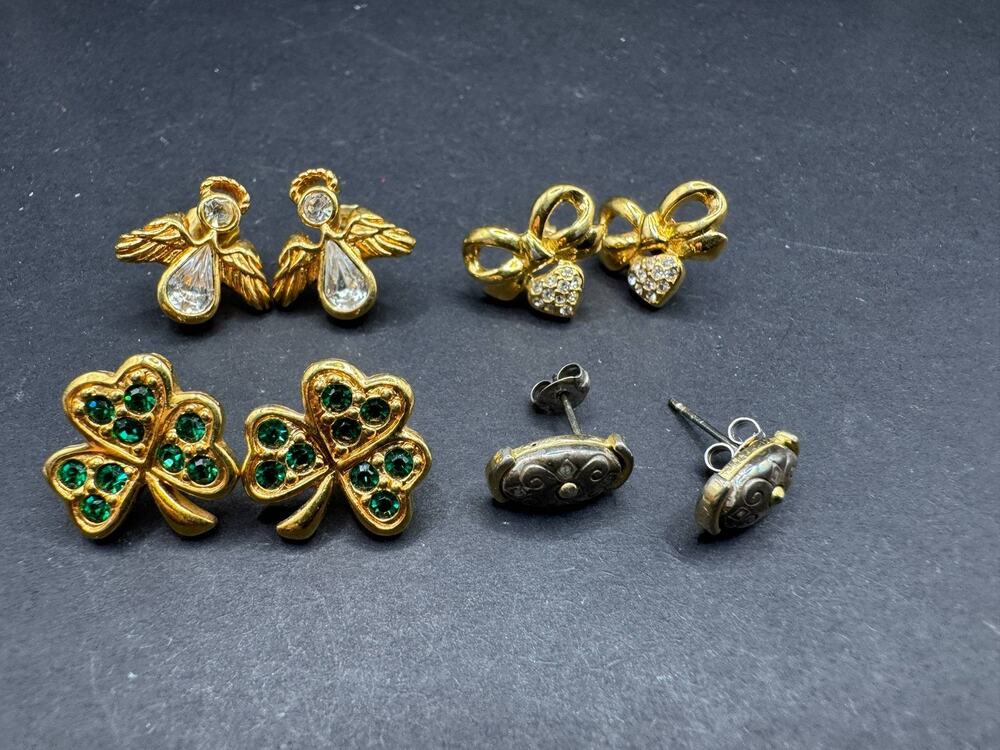 Lot of 4 Pairs Vintage Stud Earrings Mixed Avon Angel Clover Bow Crystal